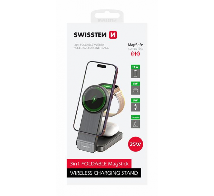 SWISSTEN SKLÁDACÍ BEZDRÁTOVÁ NABÍJEČKA MAGFOLD 3v1 25W ČERNÁ (kompatibilní s MagSafe)