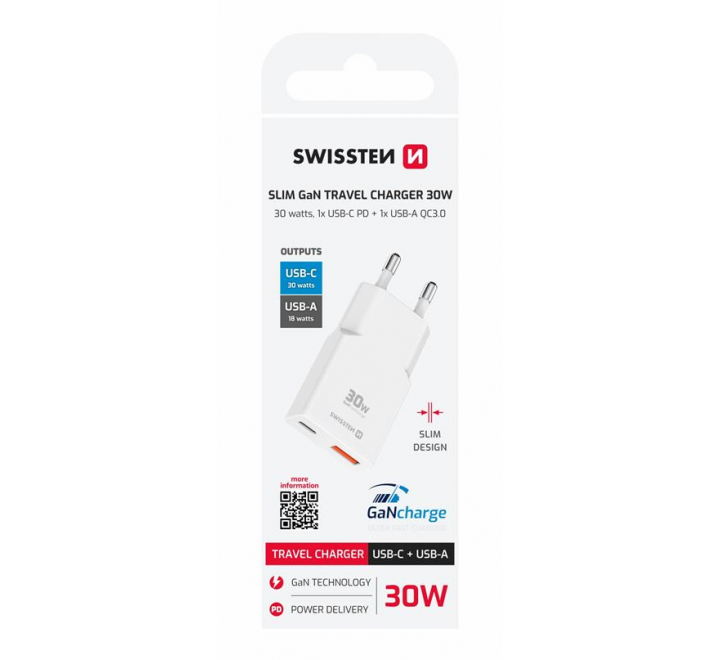 SWISSTEN TENKÝ SÍŤOVÝ ADAPTÉR GaN USB-C + USB-A 30W BÍLÝ