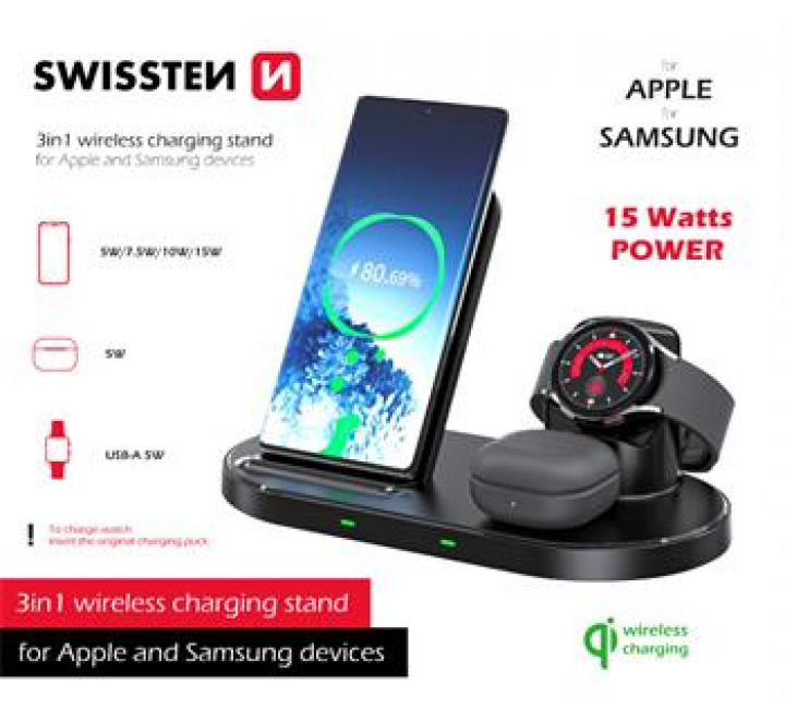 SWISSTEN WIRELESS NABÍJEČKA 3v1 STAND PRO APPLE A SAMSUNG ČERNÁ